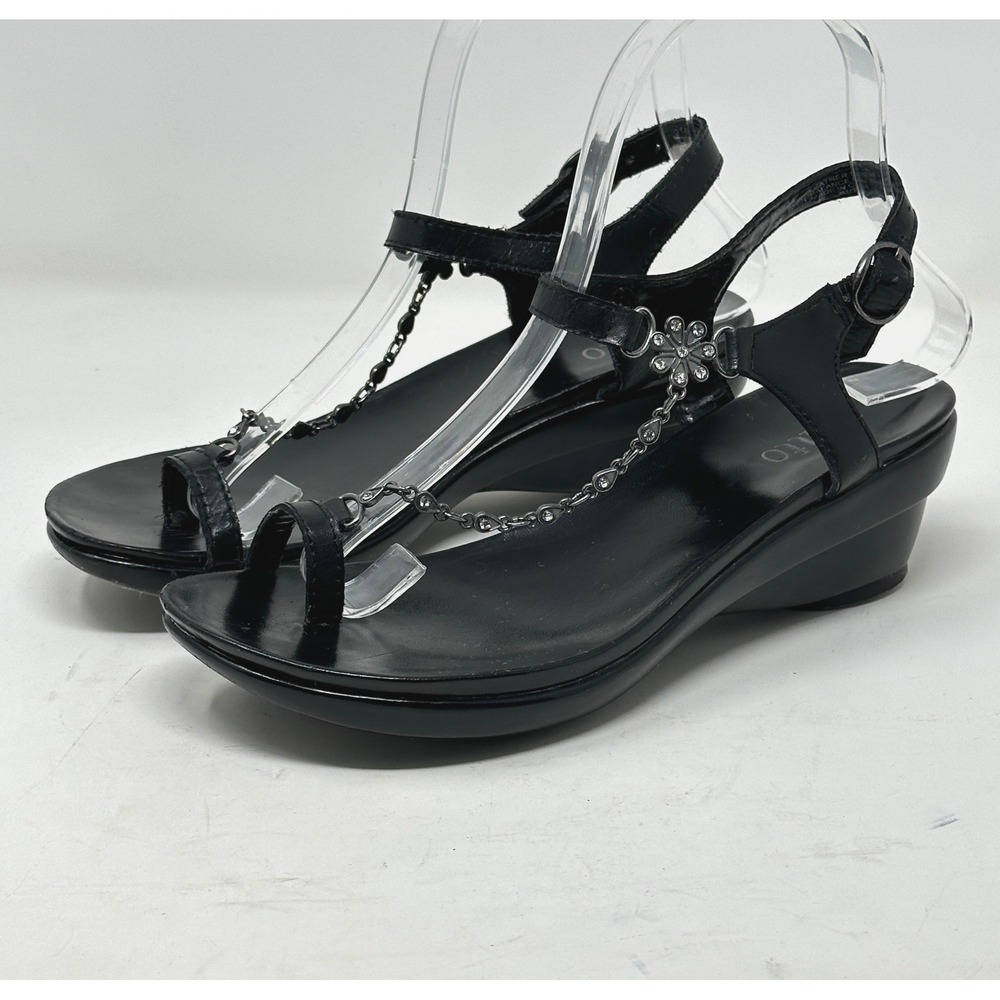 Y2K Fairycore Black Leather Wedge Sandals Rhinestone Flower Chain Toe Loop 6.5M